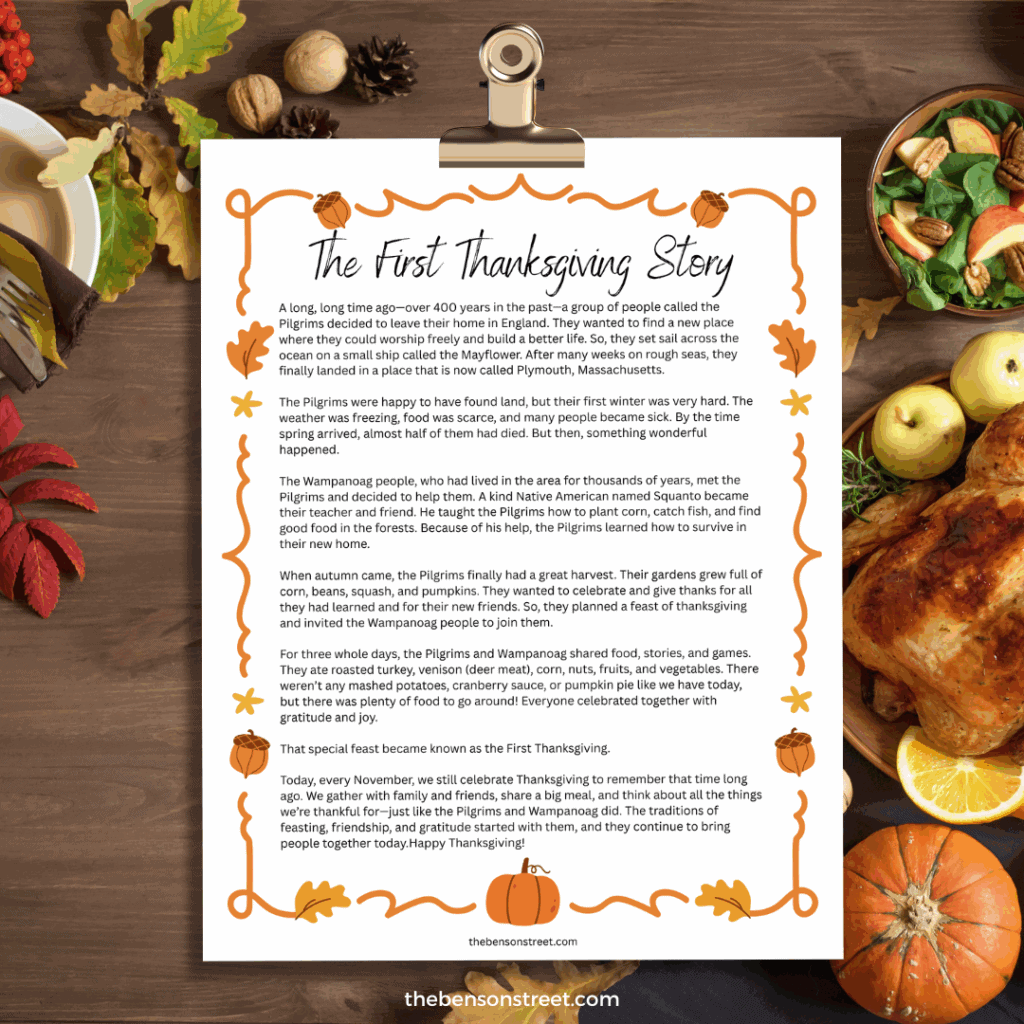 The First thanksgiving story printable on a table set with thanksgiving foods