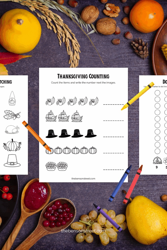 Three different thanksgiving coloring pages and activities for preschoolers