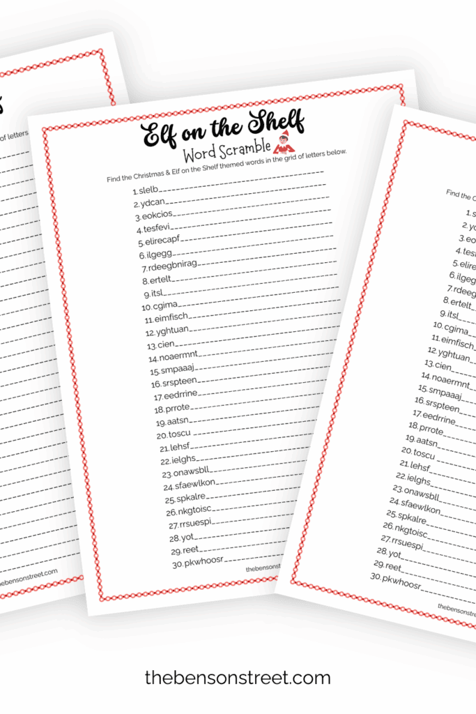 Three pages fanned out with elf word scrambles on each