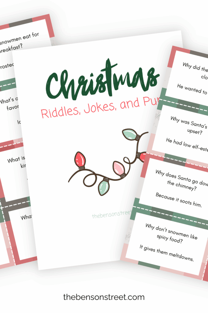 Three pages from a printable set of christmas riddles for kids in a fanned stack