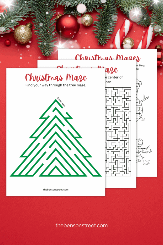 Three pages in a stack of Christmas mazes 