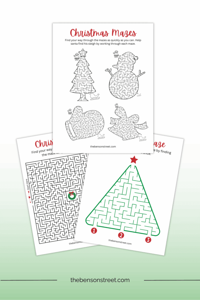 Three pages in a staggered stack of printable mazes for the holidays