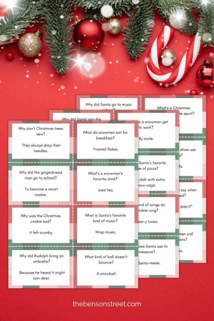 Three pages in a staggered stack on a Christmas background with christmas themed riddles