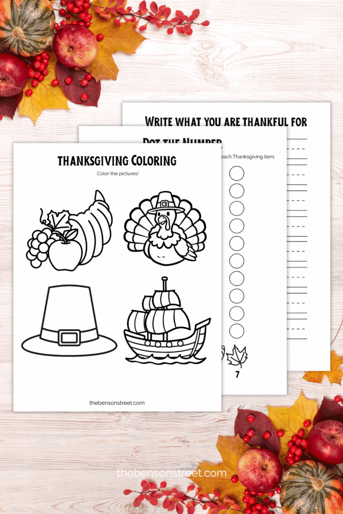 Three pages of activities for preschoolers with a thanksgiving theme