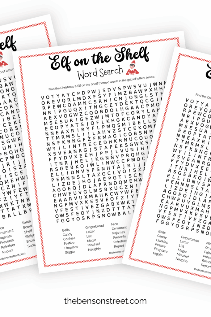 Three pages of an elf on the shelf themed word search printed out in a fanned stack 