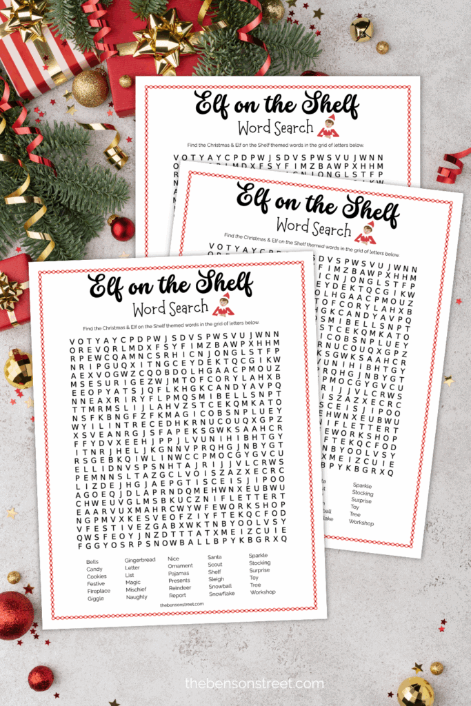 Three pages of an elf word search to set out with your scout elf 