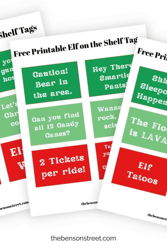 Three pages of printed out tags of elf on the shelf simple ideas