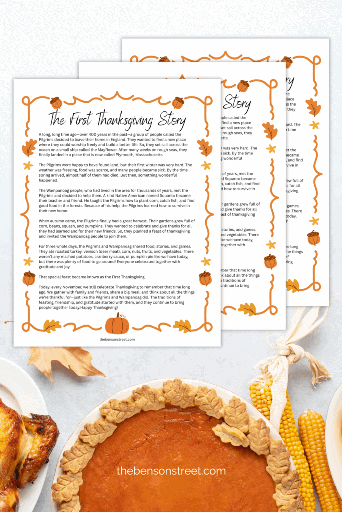 Three pages of printed out thanksgiving story with a pumpkin pie