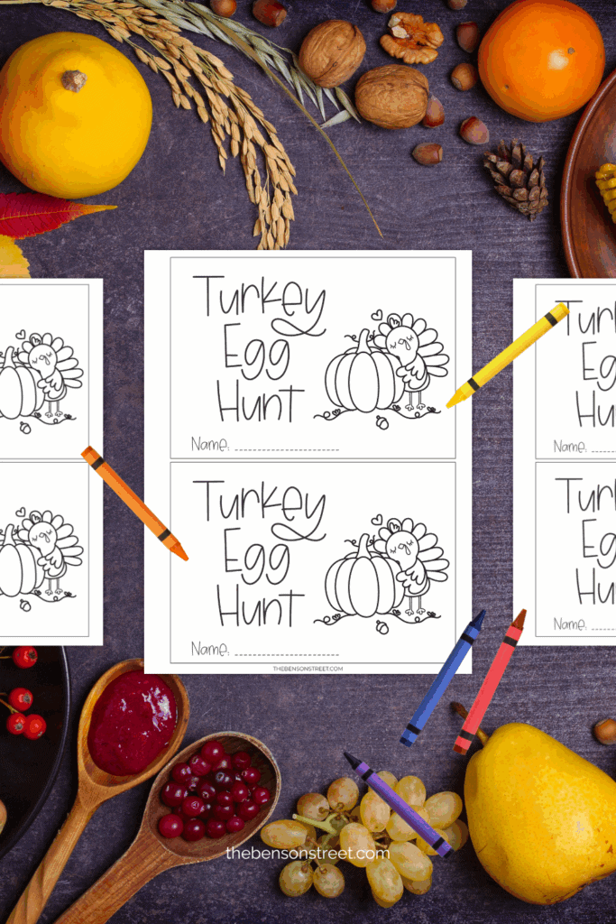 Three pages of turkey egg hunt name tags printables