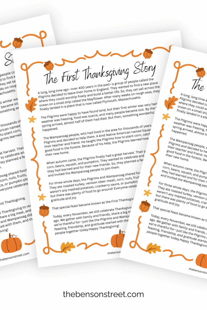 Three sheets in a fanned out stack of a free printable thanksgiving story