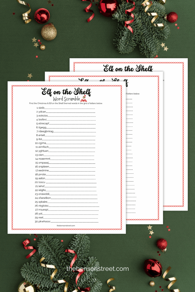 Three sheets in a staggered stack with a printable christmas word scramble game