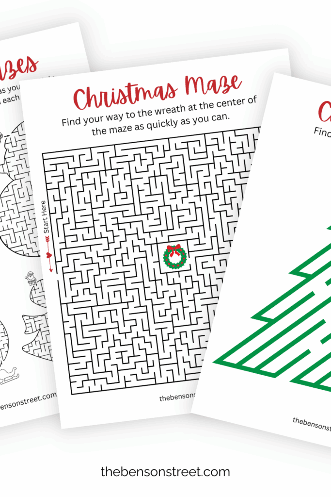Three sheets of Christmas mazes for holiday break fun