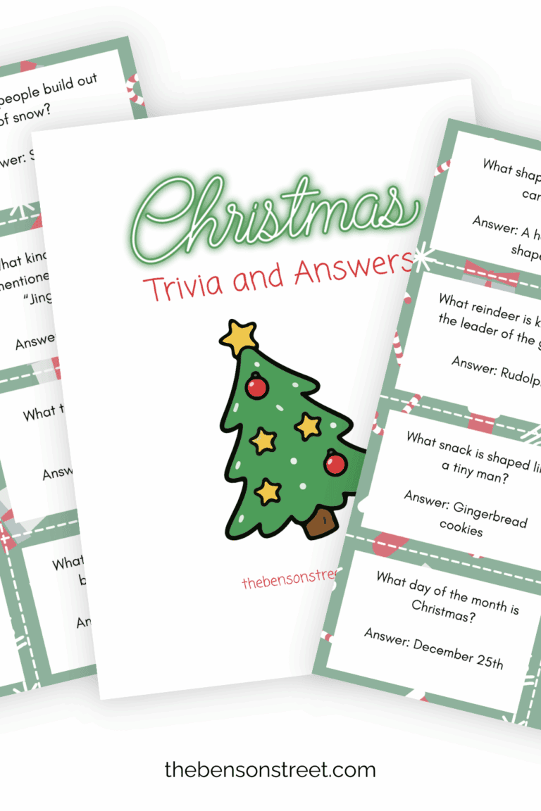 Three sheets of Christmas themed trivia in a fanned out stack