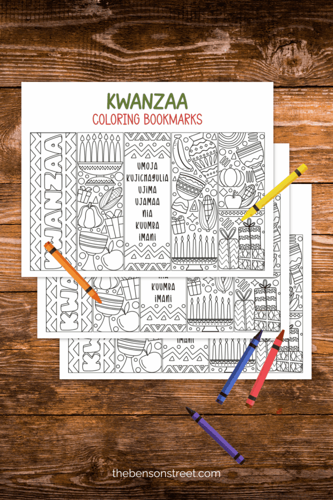 Three sheets of Kwanzaa Coloring bookmarks for a holiday craft with crayons around the pages