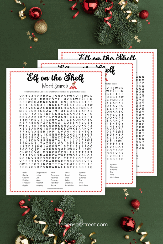 Three sheets of a word search with an elf theme 