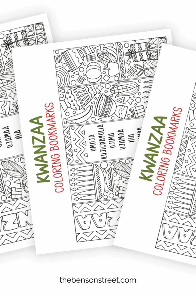 Three sheets of black and white bookmarks to color in with a Kwanzaa theme
