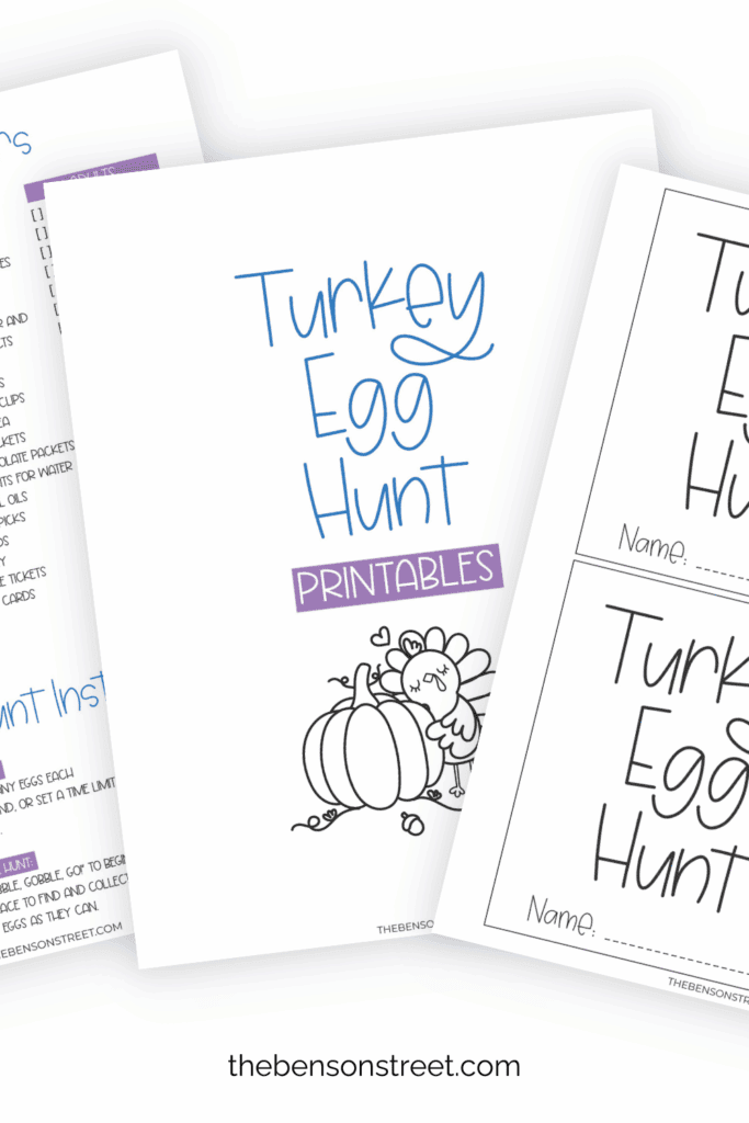 Three sheets of egg hunt printables for a turkey hunt