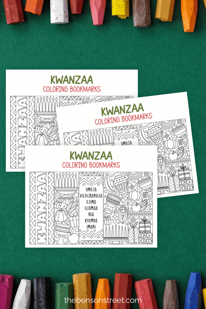 Three sheets of kwanzaa coloring bookmarks to customize