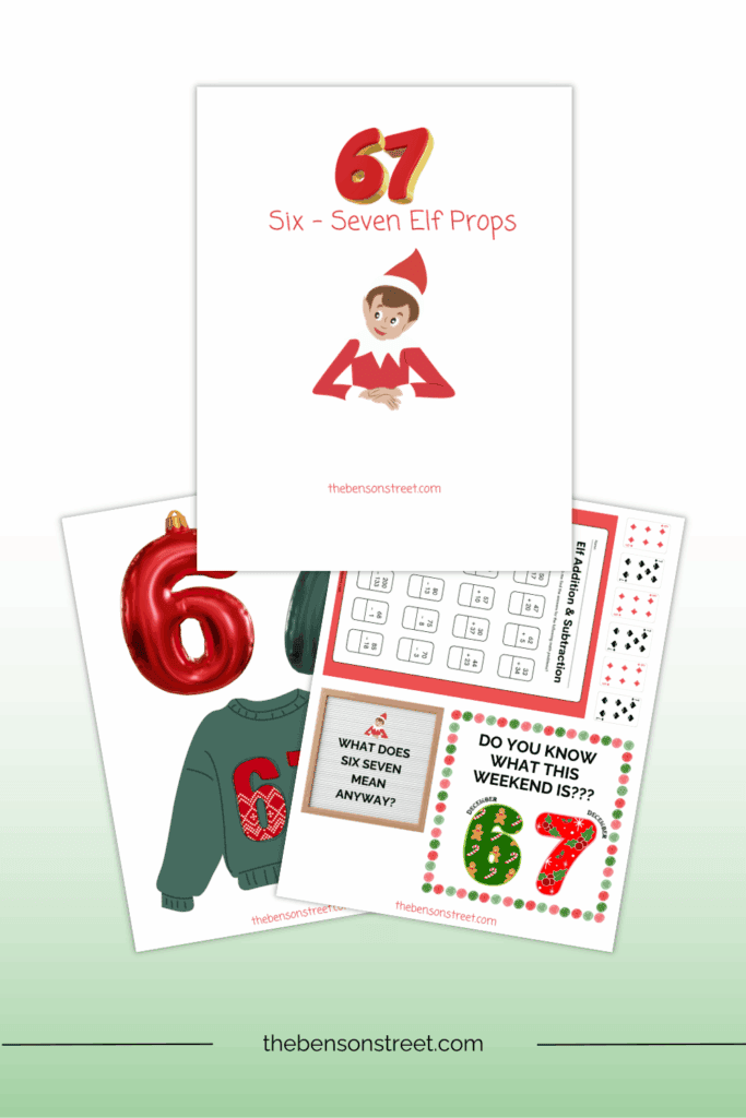 Three sheets of printables in a stack with props for elf on the shelf
