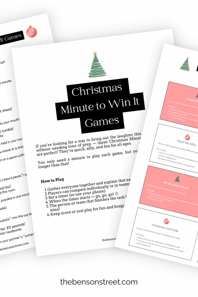 Three sheets of printed pages for Christmas Minute to Win It games