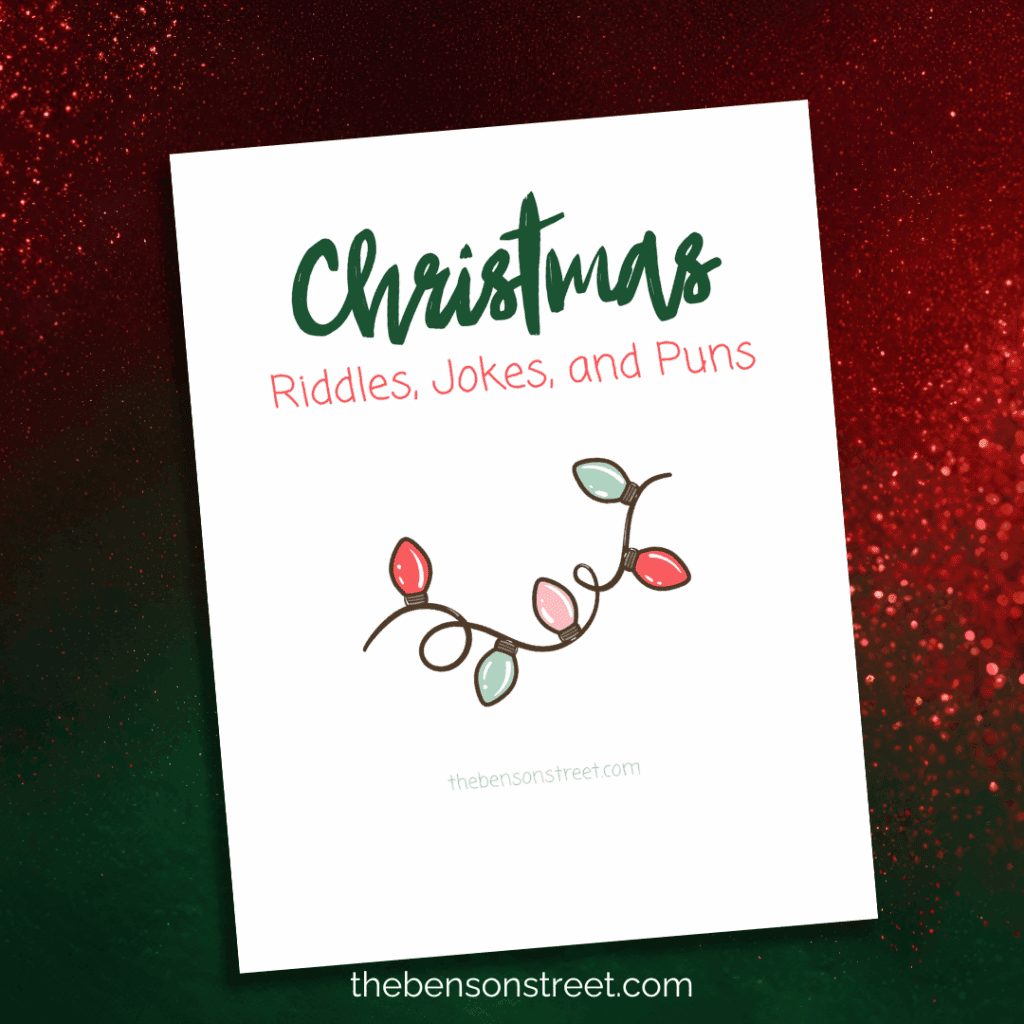 Title page to a set of cards with Christmas jokes, riddles, and puns for kids