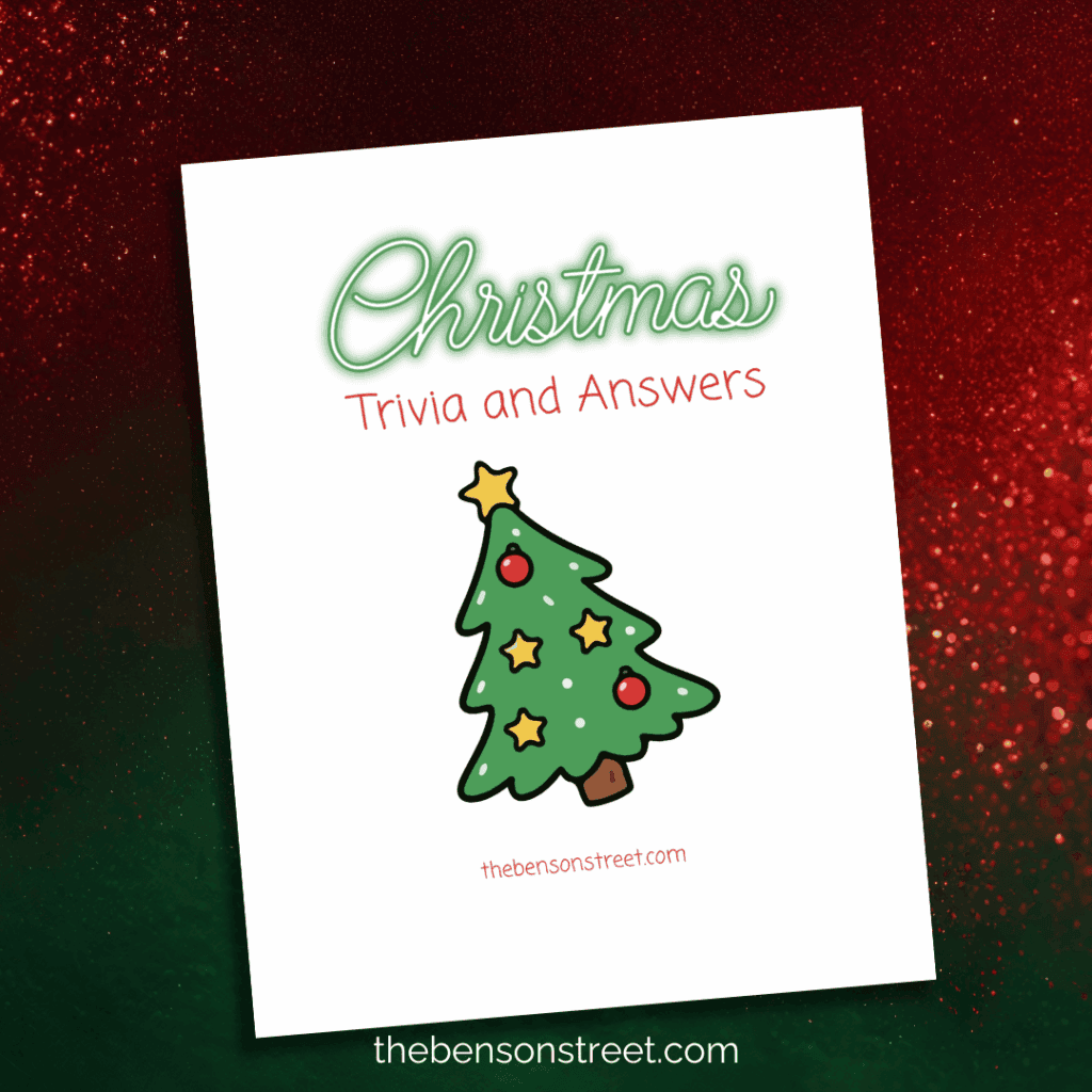 Title page to a set of cards with Christmas trivia for kids and families