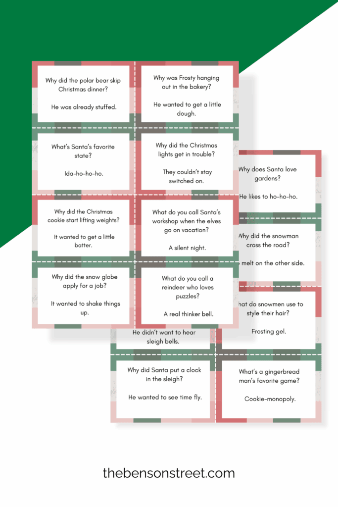 Two pages of mini cards with Christmas jokes and riddles for kids