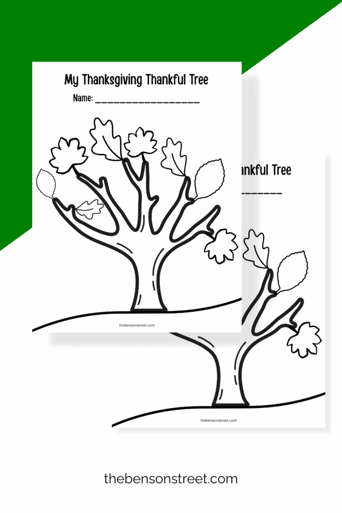 Two sheets of a tree outline with leaves to write things you are thankful for 