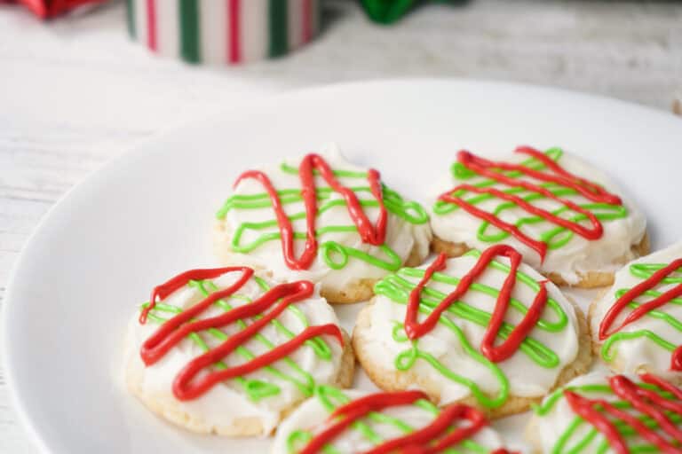 Up close shot of a zig zag red and green decorated christmas cookie