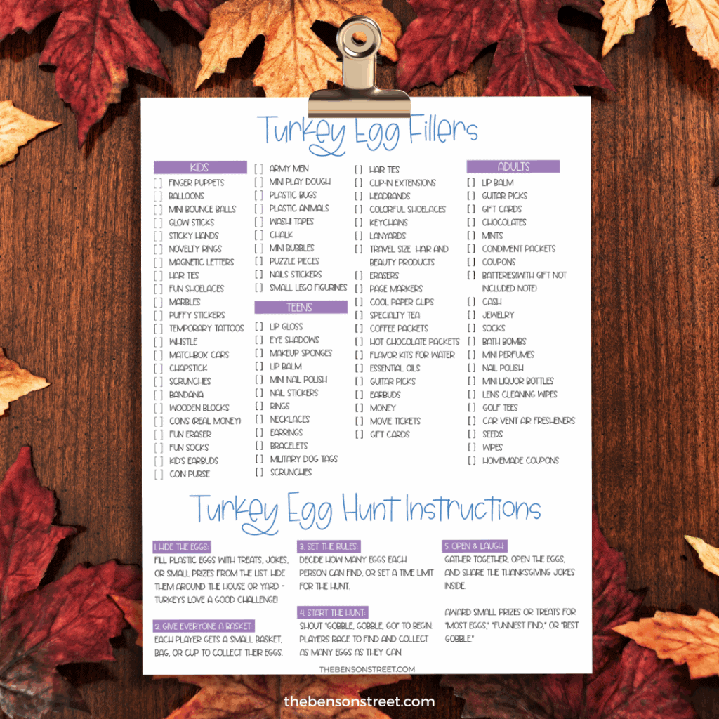 What to put in eggs for a turkey egg hunt for thanksgiving sheet