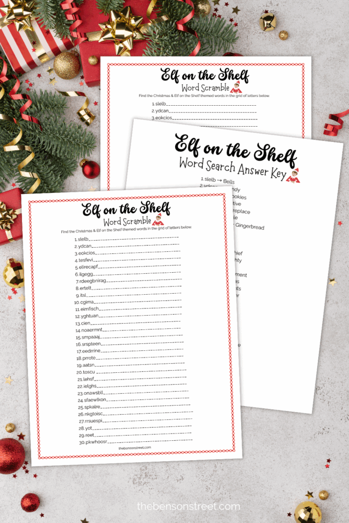 Word Scramble and answer key printed out on a christmas background