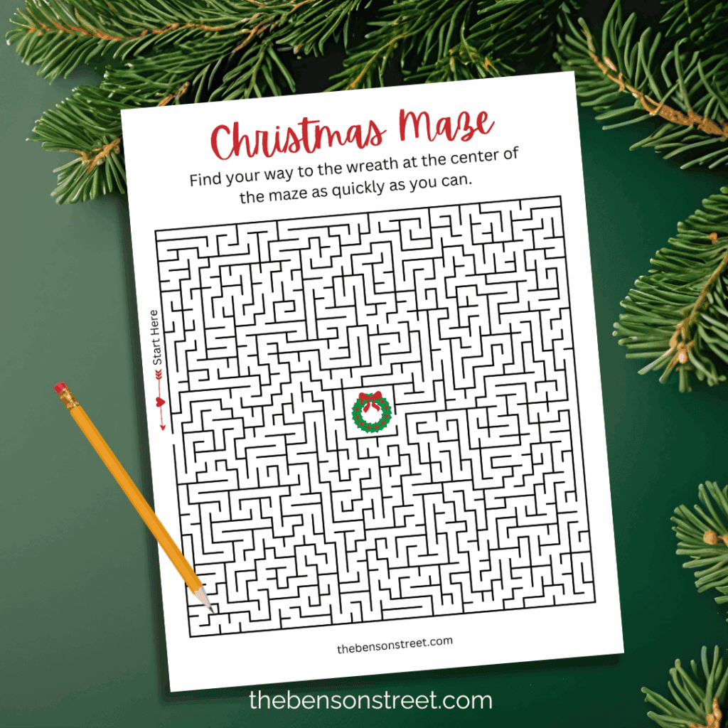 Wreath Christmas tree maze free printable