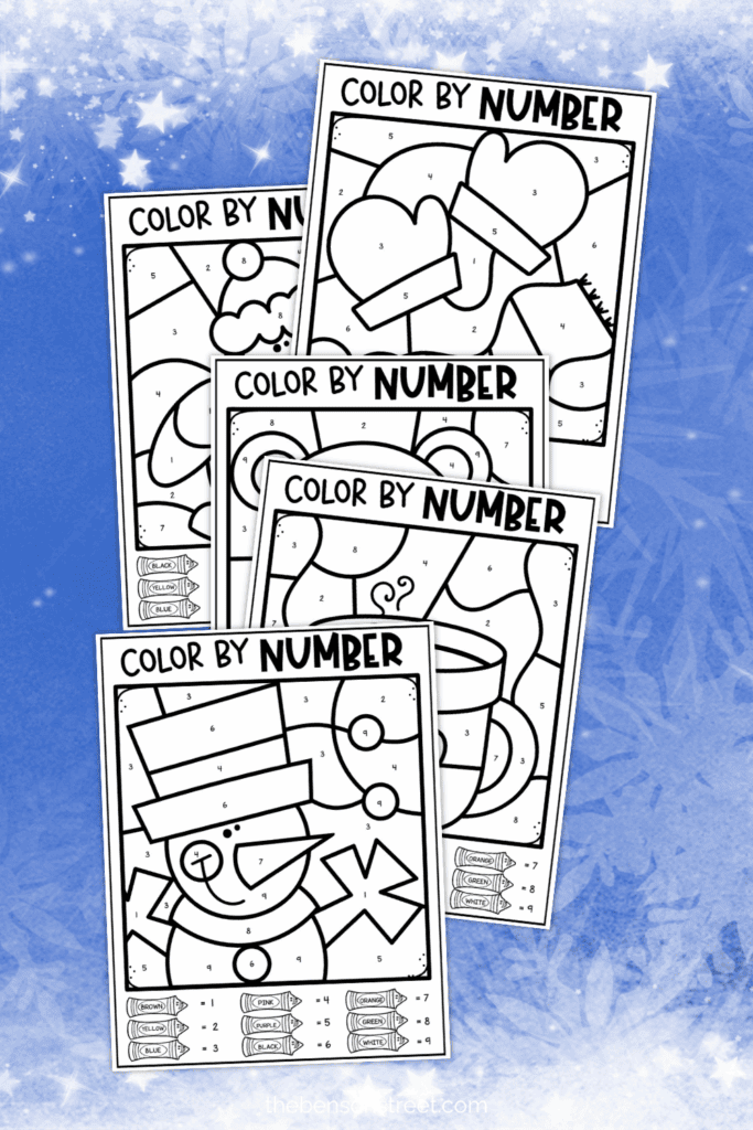 5 different winter images on a page to color in