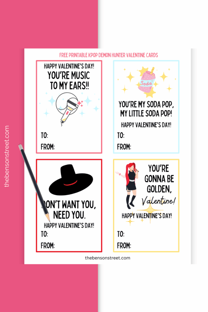 A page of Kpop Demon Hunter Valentines printable with a pencil to fill in names