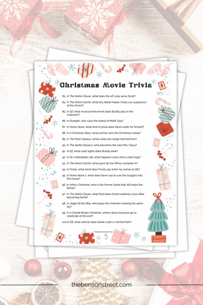 A sheet of Christmas movie trivia on a stack of papers