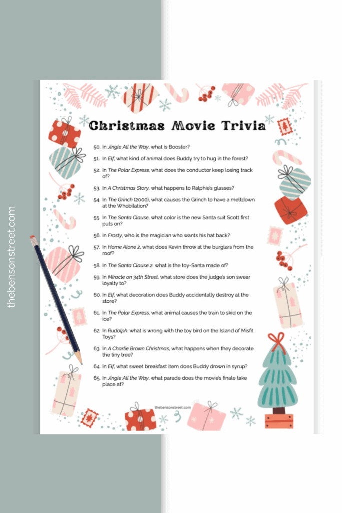 A sheet of christmas movie trivia with a pencil on top