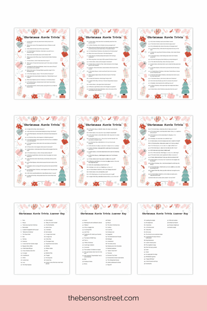 All of the pages included in a set of free printable trivia questions for Christmas about movies