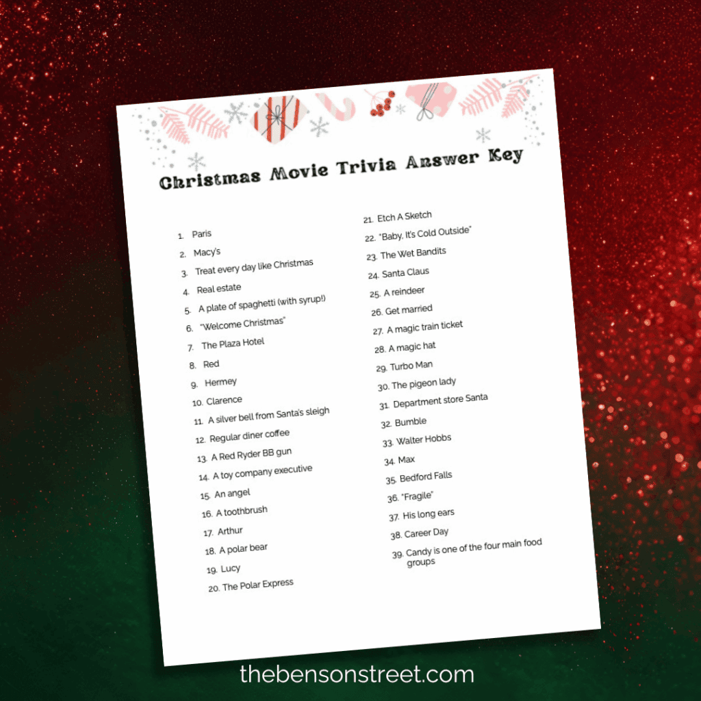 Christmas Movie Trivia Answer Key Sheet