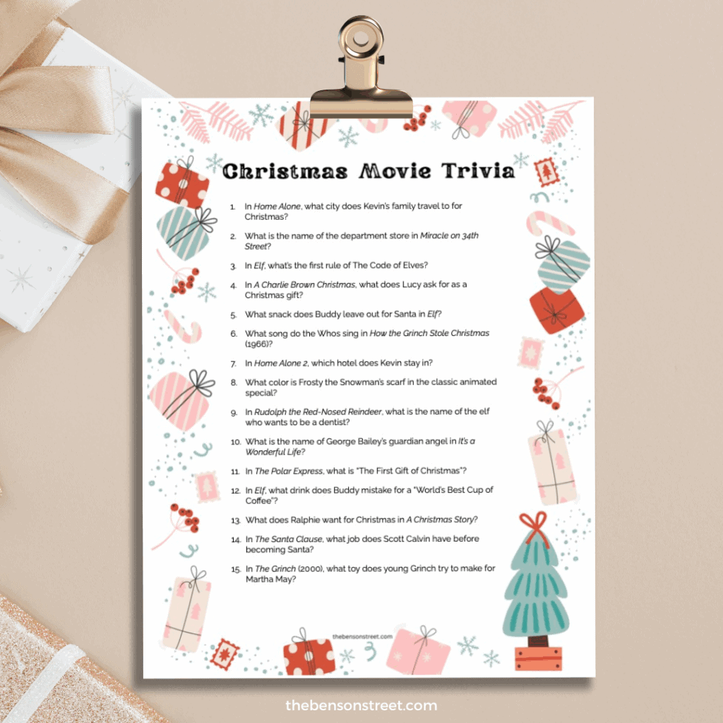 Clip with Christmas movie trivia questions to print out