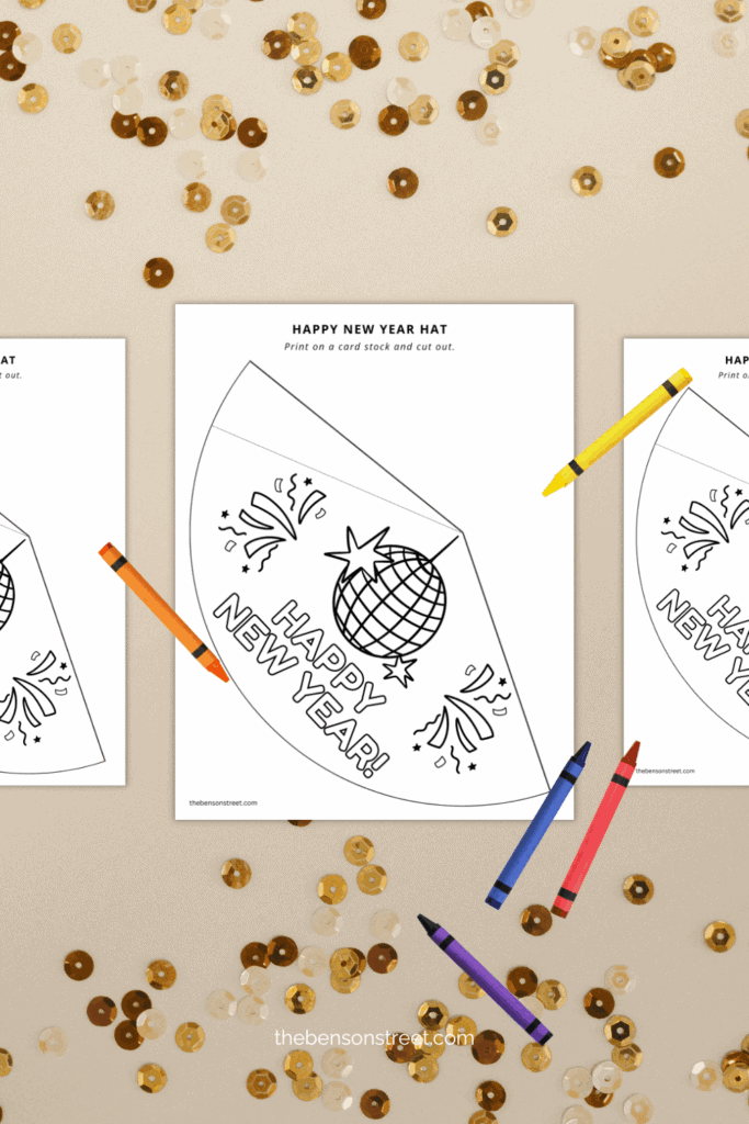 Crayons with printable coloring new years hats to color in and make