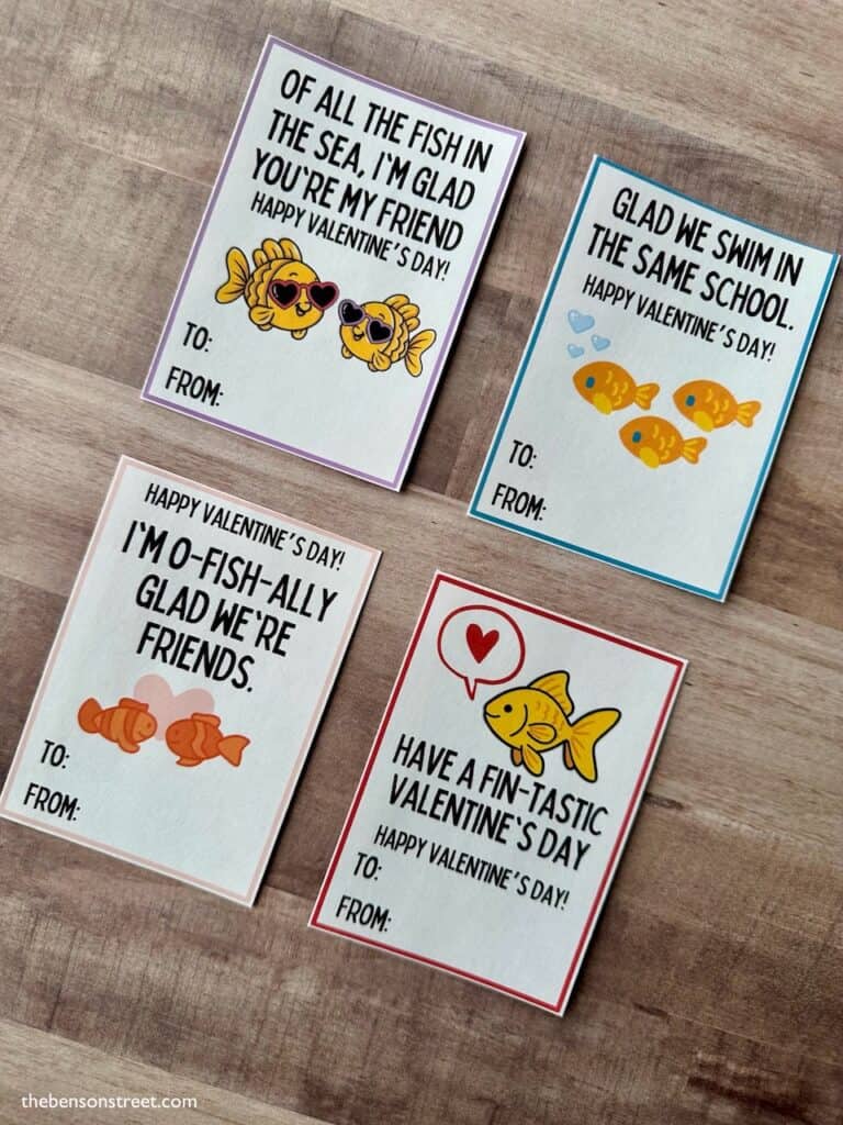 Cute fish themed valentine cards cut out ready to add to bags of goldfish crackers
