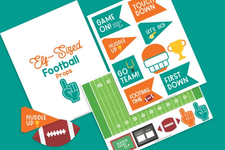 flat lay of elf printable pages for a football setup