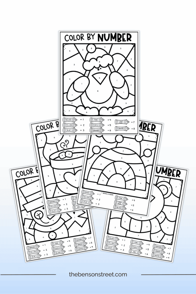 Five different winter themed color by number pages for kids 