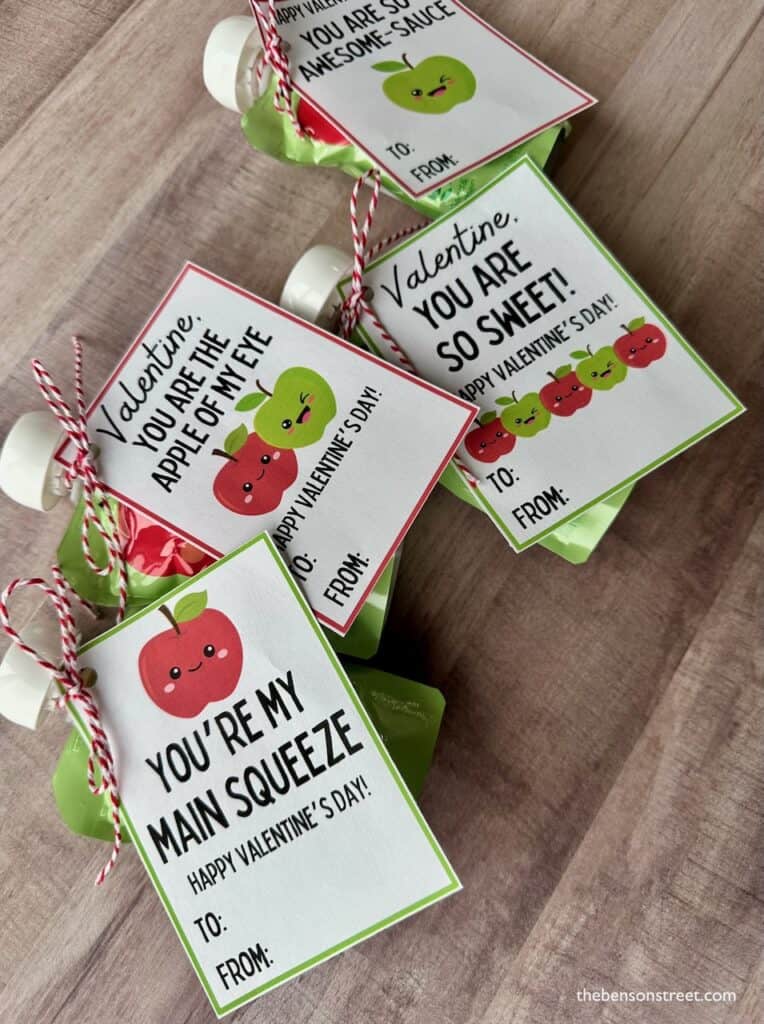 Four different applesauce themed valentine cards on pouches