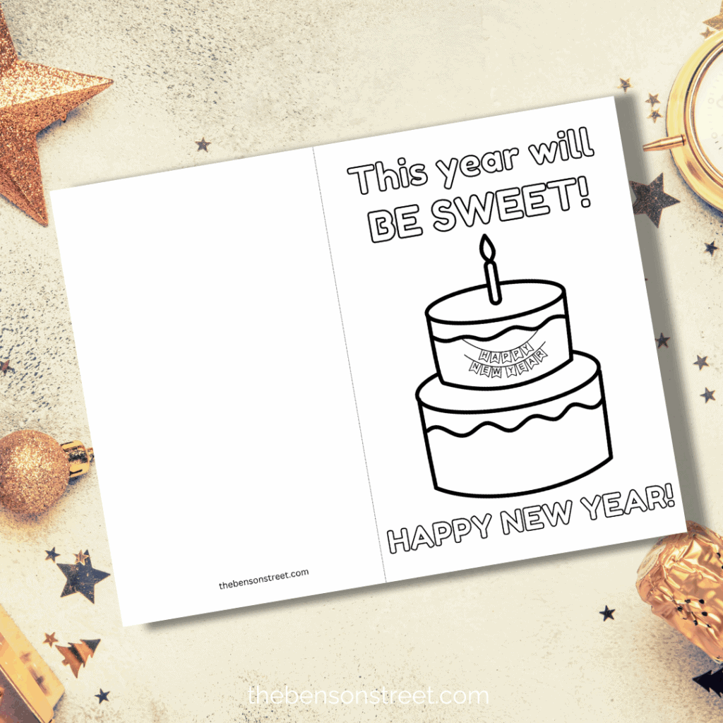Free Printable New Year coloring card that says this year will be sweet with a cake on it 