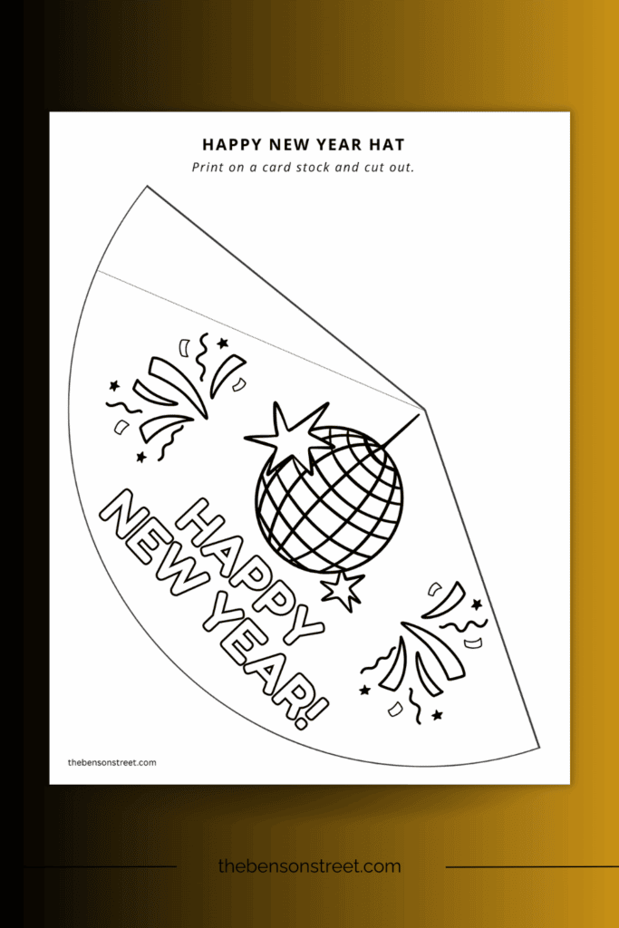 Free printable page with a happy new year hat on it to print and color