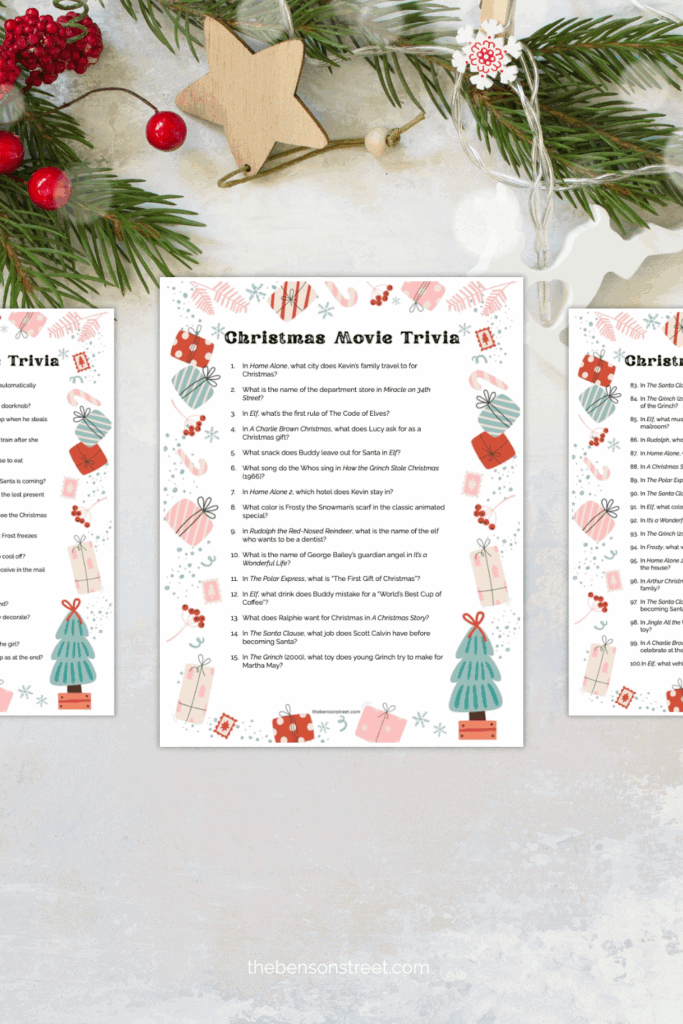 Free printable sheets with 100 trivia questions about christmas movie classics