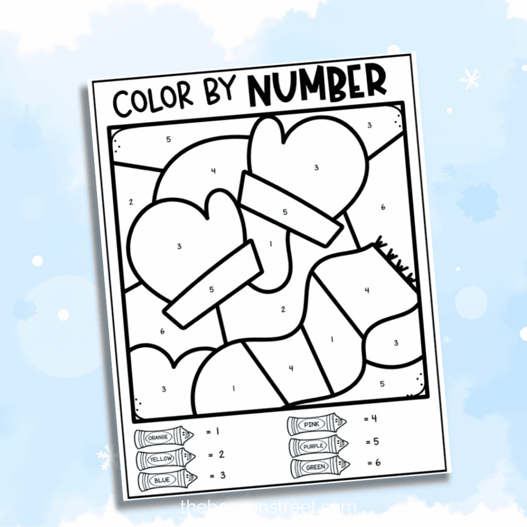 Mittens and Scarf color by number page 