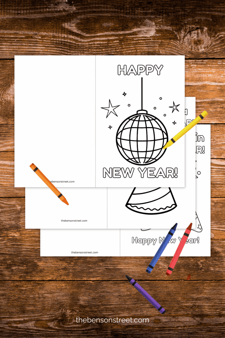 New Year Coloring cards activity free to print on a table with crayons