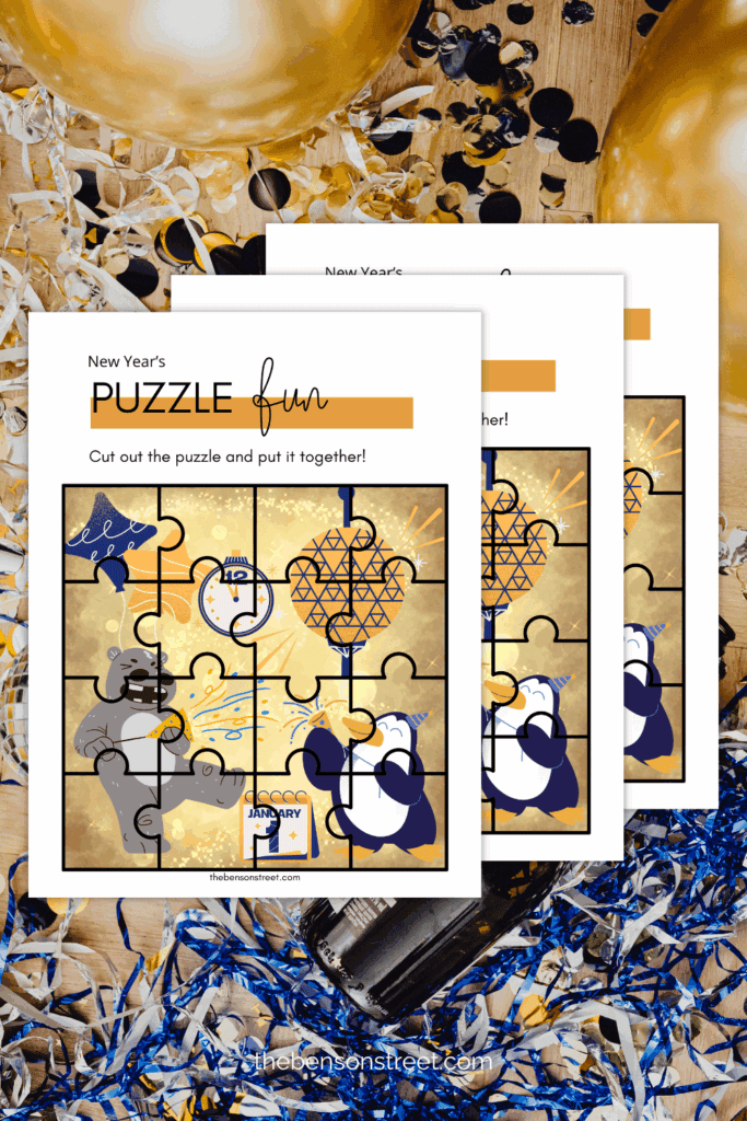 New Year's Eve Puzzle Activity for Kids on a festive background